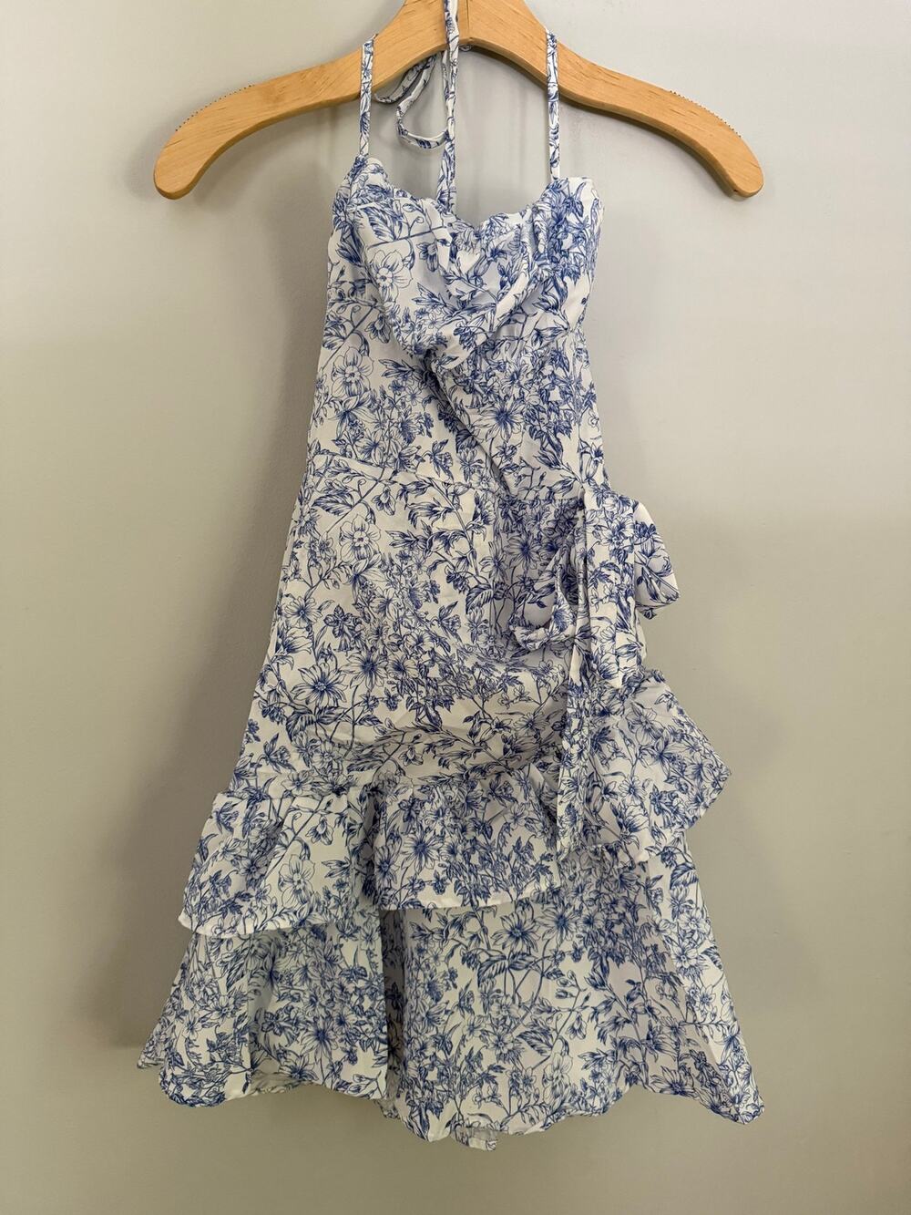 Floerns Women's Floral Halter Ruffle Summer Mini Dress, size xxs blue and white